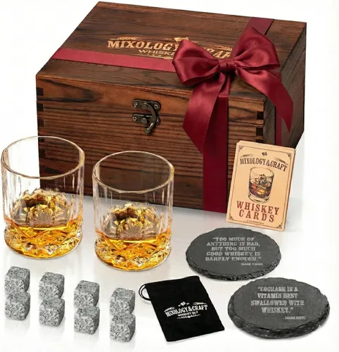 Mixology & Craft Juego de regalo de piedras de whisky: con dos vasos de whisky de cristal sin plomo de 10 onzas, 8 piedras de whisky con bolsa de