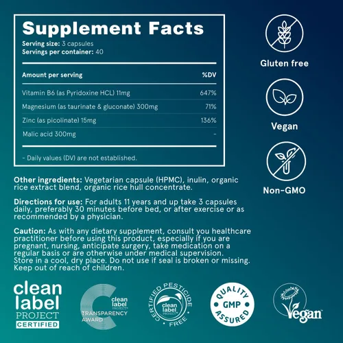 Miniatura 8 de Puori Suplemento complejo de magnesio – Taurinato de magnesio y gluconato de alta absorción, zinc, vitamina B6 y ácido málico para apoyo al sueño