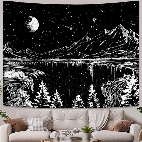 Miniatura 28 de Zussun Tapiz blanco y negro con noche estrellada, tapices de montaña para dormitorio, estética de luna y estrellas, tapiz para colgar en la pared