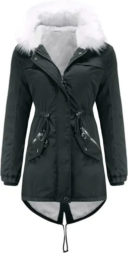 Miniatura 2 de Abrigos de invierno con capucha de longitud media para mujer, color sólido, cálido, abrigo de forro polar, abrigo acolchado de algodón con cuello