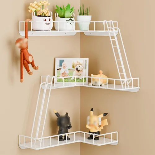 Miniatura 13 de Estante de pared Fire Escape – Estantes de pared esquineros de 4 niveles de estilo urbano moderno, estante de escalera de metal fácil de instalar