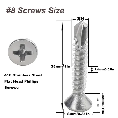 Miniatura 2 de 120 tornillos de chapa metálica de cabeza plana #8 x 1, tornillos de cabeza plana de acero inoxidable 410, tornillos autorroscantes de cabeza