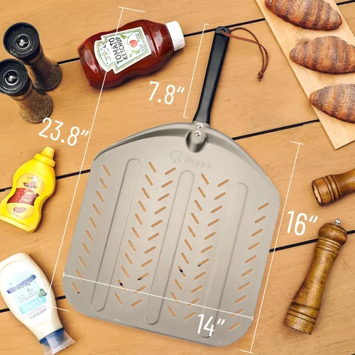 Miniatura 2 de Pala de pizza perforada de 14 pulgadas, antiadherente para torneado de pizza, accesorio para horno de pizza, espátula de metal extra grande