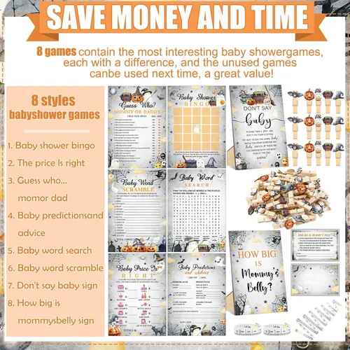 Miniatura 4 de Funnymoom Set de 426 piezas de juegos de baby shower de Halloween, 8 juegos, incluye bingo de baby shower, el precio correcto, adivina quién