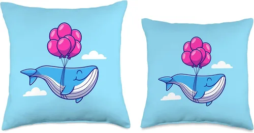 Miniatura 3 de Whale Floating with Balloon Ocean Cute Blue Whales Cartoon Throw Pillow
