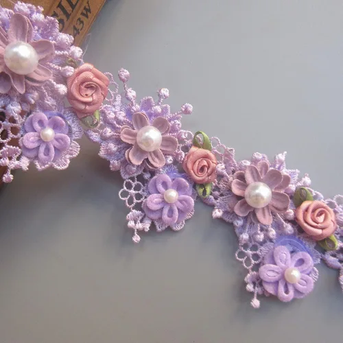 1 yarda de flores de perlas de encaje borde cinta 2.2 in de ancho estilo vintage púrpura adornos bordados tela bordado apliques costura artesanía