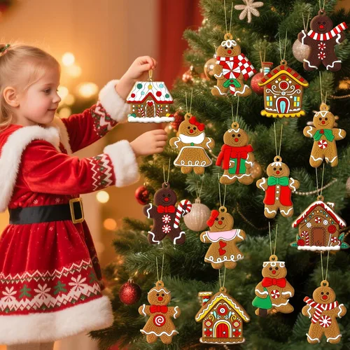 Miniatura 6 de 16 piezas de adornos de hombre de jengibre para árbol de Navidad, decoraciones navideñas de pan de jengibre con adorno de casa de pan de jengibre