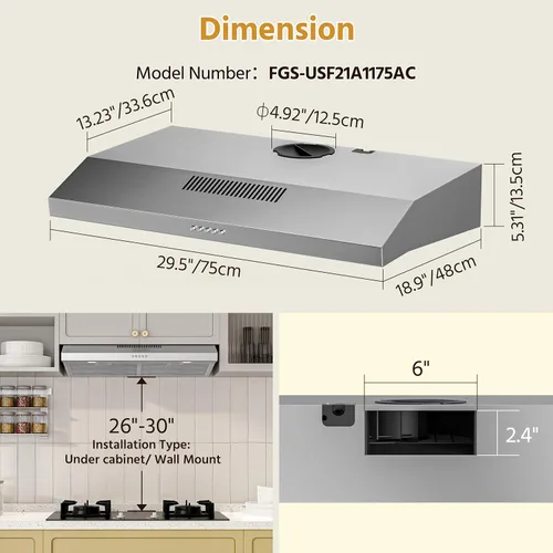 Miniatura 7 de FIREGAS Campana extractora para debajo del gabinete de 30 pulgadas con motor DC sin escobillas, luz LED, ventilador de escape de 3 velocidades
