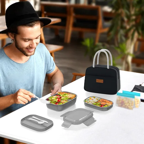 Miniatura 7 de JBGOYON® Juego de lonchera Bento, 3 recipientes apilables para adultos y niños, incluye bolsa de almuerzo, a prueba de fugas y sin BPA, juego