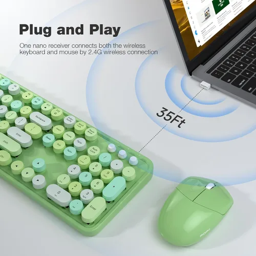 Miniatura 165 de KNOWSQT Combo de teclado y ratón inalámbrico, teclados lindos de tamaño completo estilo máquina de escribir 2.4G azul colorido - receptor USB Plug