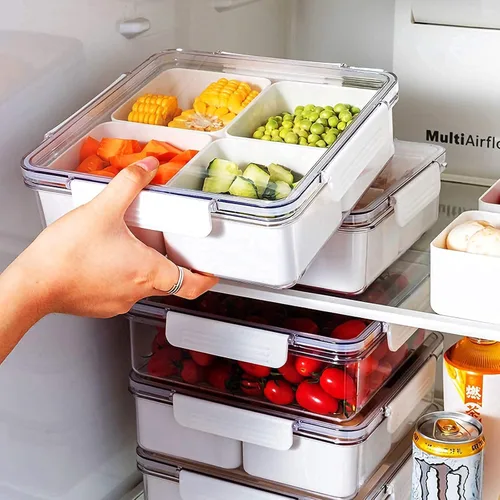 Miniatura 2 de Paquete de 2 bandejas divididas para verduras con tapa, caja para aperitivos, contenedor para servir ensaladas con 4 cajas extraíbles, apilables
