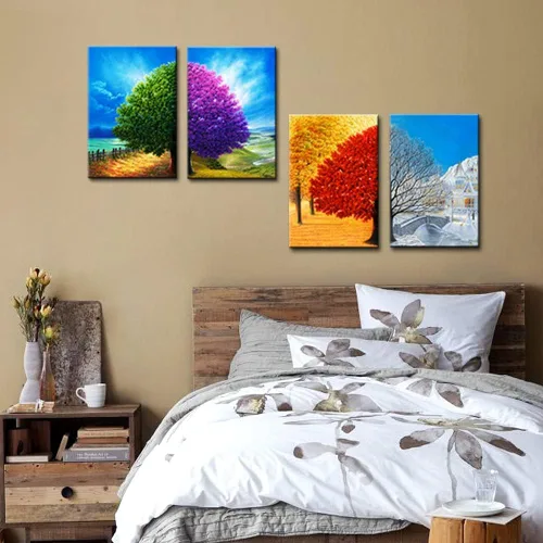Miniatura 3 de Wieco Art Lienzo decorativo de 4 paneles para pared, diseño de árbol de cuatro estaciones, coloridas impresiones de paisaje de primavera, verano