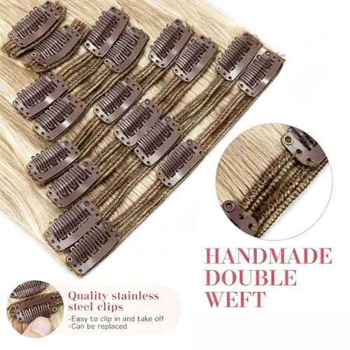 Miniatura 3 de 8Pcs Clip in Hair Extensions Real Human Hair, 140G 18 Inch Ash Blonde Mix Bleach Blonde 18P613