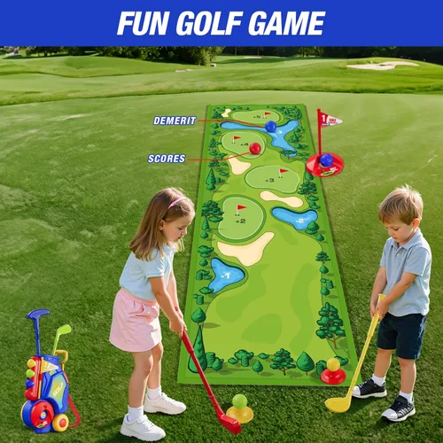 Miniatura 4 de HYES Juego de golf 3 en 1 para niños pequeños con tapete de putting y juego de golf, club de golf para niños con 8 bolas, 4 palos de plástico