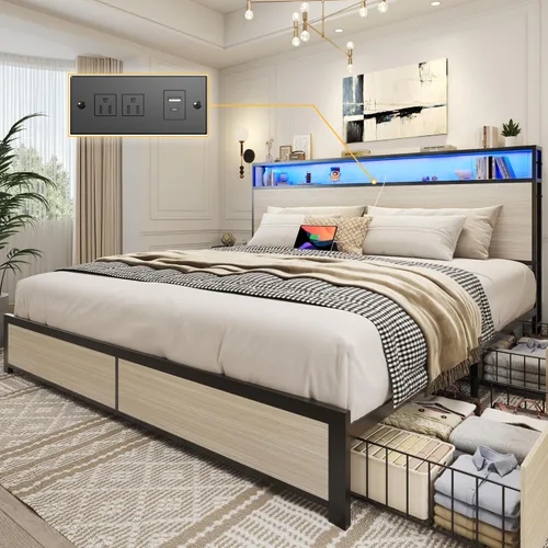 Miniatura 17 de Lifezone Estructura de Cama Full con Cabecero de Almacenamiento de 2 Niveles, Estructura de Cama de Plataforma de Metal con 4 Cajones de Marrón
