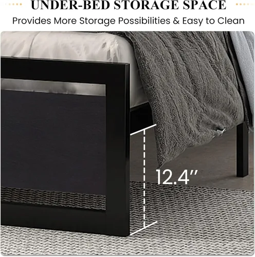 Miniatura 6 de SHA CERLIN Base de cama tamaño Queen con cabecera moderna, base de metal de plataforma resistente con estribo cuadrado y soporte de 13 listones Negro