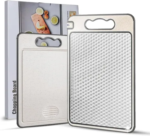 Tabla de cortar de acero inoxidable de doble cara, tabla de cortar de grado alimenticio 304 con malla resistente a los arañazos, ranura para jugos,