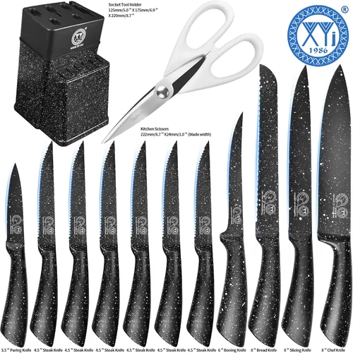 Miniatura 9 de XYJ juego de bloque con cuchillos de cocina, de acero inoxidable, con soporte, juego de cuchillos de chef profesional japonés, cuchillos para carne