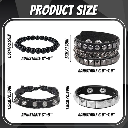 Miniatura 2 de HOVEOX 4 pulseras punk rock tachonadas pulsera gótica de cuero para hombres y mujeres, joyería gótica, accesorios punk, joyería emo para hombres