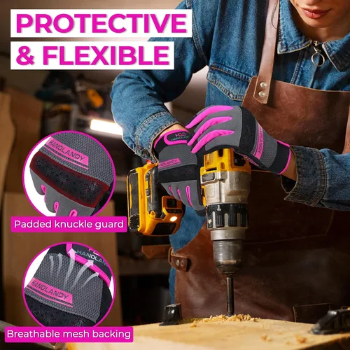 Miniatura 3 de HANDLANDY Work Gloves for Women, Breathable Leather Gardening Glove for Yard Maintenance, Hand Protection with Touch Screen Rosa fuerte