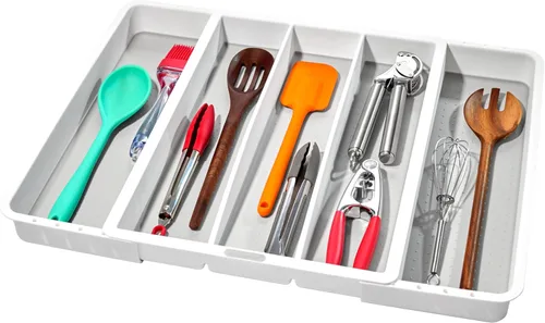 Madesmart - Bandeja de utensilios ampliable, blanca | Colección clásica | 5 compartimentos | Organizador de cocina | Forro de agarre suave y patas