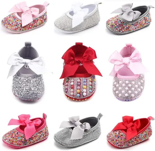 Miniatura 6 de Zapatos planos Mary Jane para bebés y niñas, con lazo brillante y diamantes de princesa, zapatos antideslizantes para cuna