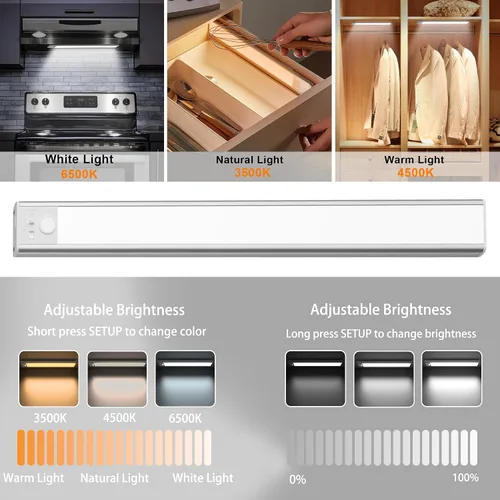 Miniatura 3 de miadore Luz de gabinete con sensor de movimiento, paquete de 2 luces LED inalámbricas recargables por USB para debajo del gabinete, armario