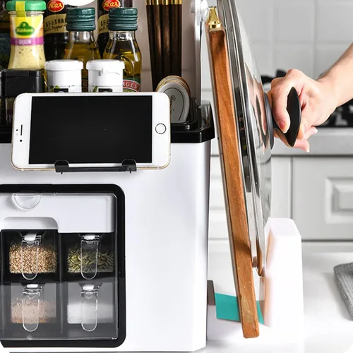Miniatura 3 de IMPREC Estante de condimentos, cocina con cajón de tapa abatible transparente, tarro de condimentos, botella organizadora de especias, estante