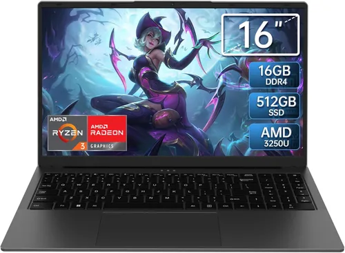 Computadora portátil de 16 pulgadas - Procesador AMD Ryzen 3 3250U (2C/4T, 2.6-3.5 GHz), pantalla FHD IPS de 1920×1200, 16 GB RAM, 512 GB SSD,