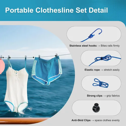 Miniatura 5 de Paquete de 2 tendederos portátiles retráctiles, línea de ropa resistente al viento para acampar al aire libre, viajes, secado de ropa con 12 clips