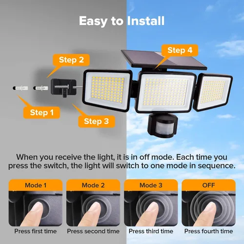 Miniatura 6 de UME Luces solares para exteriores, 302 LED, 3000 lúmenes, IP65, impermeable, sensor de movimiento, luces de inundación de 3 cabezales, 270 ángulo