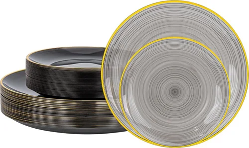 Morejoy - 60 platos de plástico negro, platos desechables negros con borde dorado, placa dorada resistente, placa de diseño moderno de remolino que