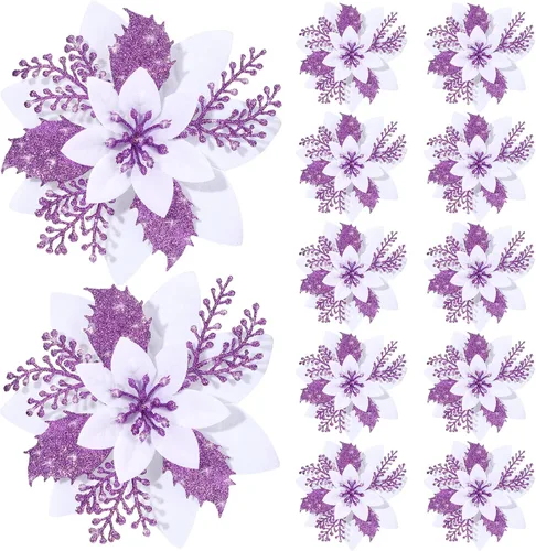 Miniatura 11 de Canlierr 12 piezas flores de Pascua de Navidad de 5.7 pulgadas con purpurina, flores artificiales con clips, adorno de árbol de Navidad para corona