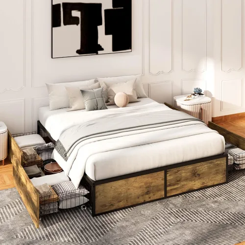 Miniatura 9 de Allewie Cama de almacenamiento industrial con cajones, plataforma de metal de madera, resistente y sin ruido, tamaño matrimonial moderno