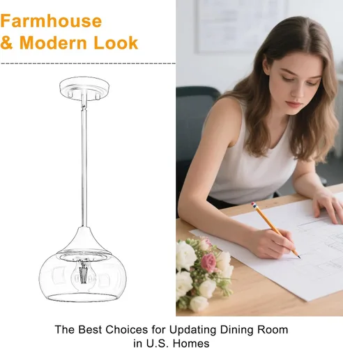 Miniatura 7 de Lámparas colgantes modernas para isla de cocina, lámparas colgantes negras con pantalla de vidrio transparente de 8.5 pulgadas, lámparas colgantes