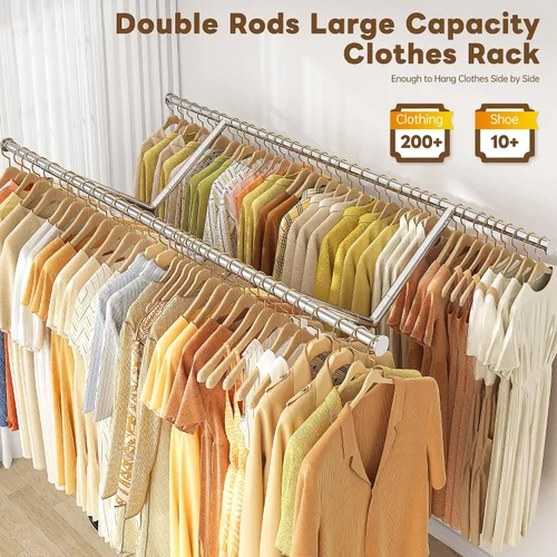 Miniatura 4 de Raybee Perchero de ropa resistente con carga de 500 libras, perchero con ruedas, doble barra para colgar ropa, perchero comercial portátil