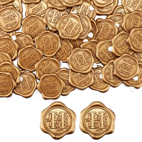 Miniatura 23 de Yoption 50 piezas de pegatinas de sello de cera inicial G, pegatinas de sello autoadhesivas de letra dorada retro antigua para sobres, para bodas