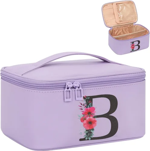 Miniatura 28 de OCHEAL Bolsa de maquillaje personalizada, bolsa de maquillaje beige para mujer, kit de aseo de viaje con monograma, organizador de cosméticos listo