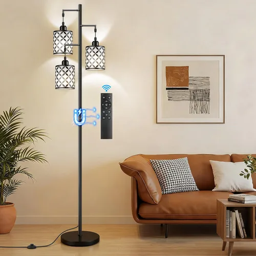 Miniatura 16 de Lámpara de pie regulable, lámpara de pie de granja con elegante jaula de metal, lámparas de pie industriales de árbol alto para sala de estar, Negro