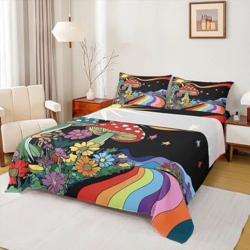 Miniatura 33 de Erosebridal Groovy Flower Sábanas de Cama Fiesta de los 70s Juegos de Sábanas Tamaño Individual Sábanas Florales Arcoíris Juegos de Sábanas y Fundas