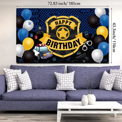 Miniatura 2 de Irenare Decoraciones de fiesta de cumpleaños de policía, suministros de decoración de fiesta de coche de policía, pancarta grande con insignia
