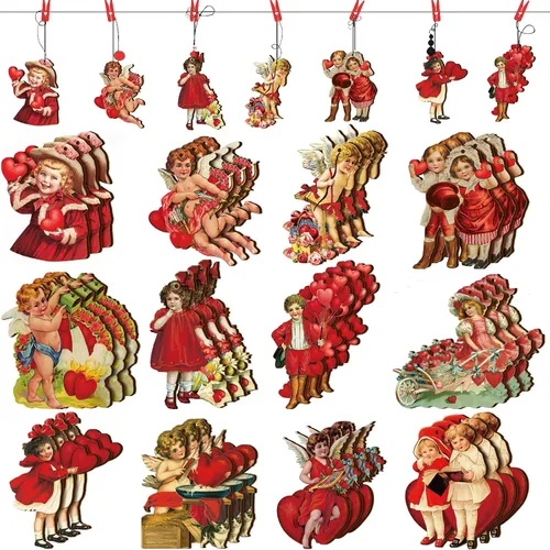 Glenmal 48 piezas de adornos rojos vintage de San Valentín para árbol de madera, decoración de árbol de San Valentín, globo retro, corazón, flores,