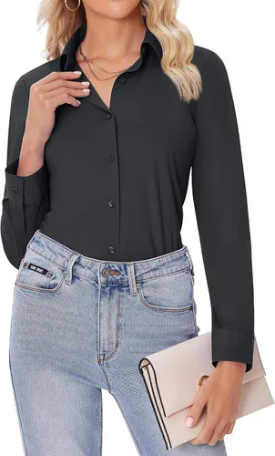 Miniatura 15 de siliteelon Camisas con botones para mujer, ajustadas, de manga larga, elásticas, de vestir, camisas de trabajo, sin arrugas, blusas de oficina