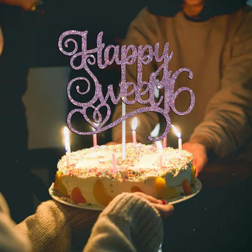 Miniatura 4 de Happy Sweet 16 - Decoración para tartas de cumpleaños de 16 años, decoraciones de feliz cumpleaños de 16 años para niñas y niños, purpurina morada