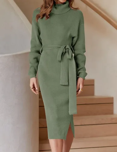 Miniatura 32 de ZESICA - Vestido por debajo de la rodilla de suéter, de cuello alto, para mujer, de manga larga, de punto acanalado, con abertura y cinturón