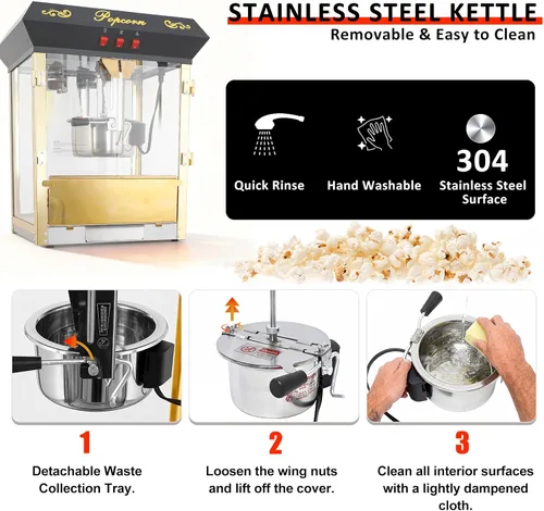Miniatura 6 de Máquina comercial de palomitas de maíz de 16 onzas con carro, máquina de maíz vintage grande de 850 W con plataforma de calentamiento, máquina