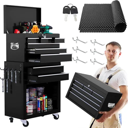 Miniatura 9 de Caja de herramientas con ruedas de 5 cajones, caja de herramientas con cerradura 2 en 1 con ruedas, cajones deslizantes y parte superior Negro