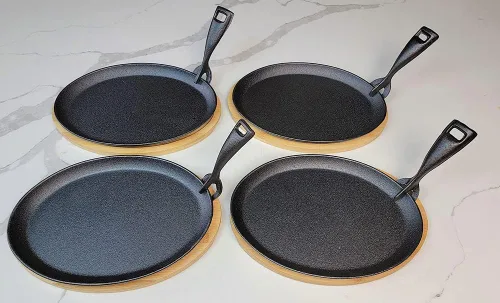 Miniatura 5 de HAWOK Fajita de hierro fundido con bandeja de bambú y asa Juego de 4 Negro-266-4