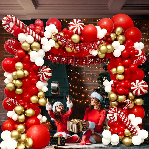 Miniatura 2 de DBKL Kit de arco de guirnalda de globos de Navidad, 153 piezas con globos de Navidad, rojo, dorado y blanco, globo de aluminio de bastón de caramelo