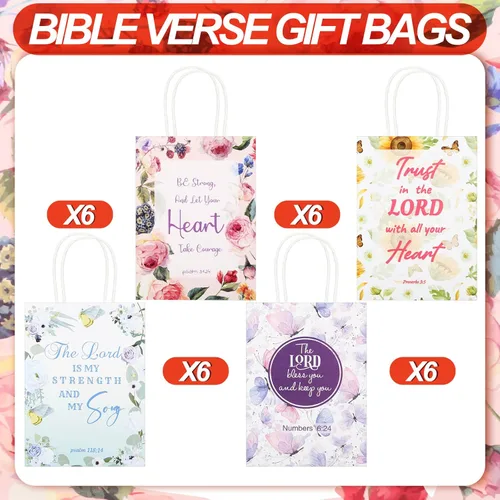 Miniatura 3 de Sinmoe 24 bolsas cristianas para recuerdos de boda con asas, diseño de girasol y mariposa, bolsas de regalo de tejido con versículo de la Biblia